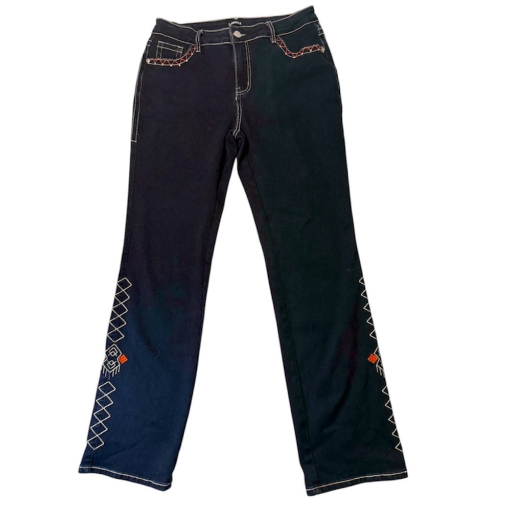 Flamingals Dark Blue Embroidered Bootcut Jeans L Western Stretch Denim